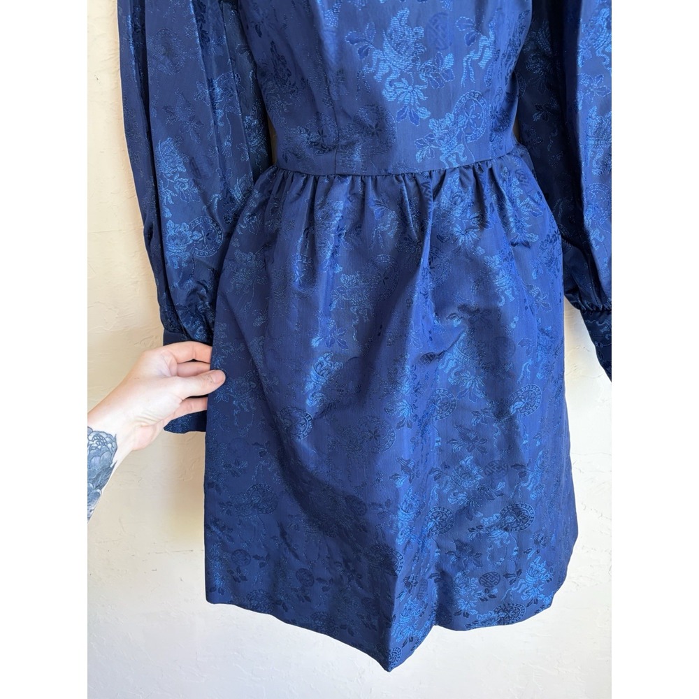 Vintage 60s 70s Handmade Navy Brocade Mini Dress XS S Gothic Victorian Regency - Picture 6 of 14